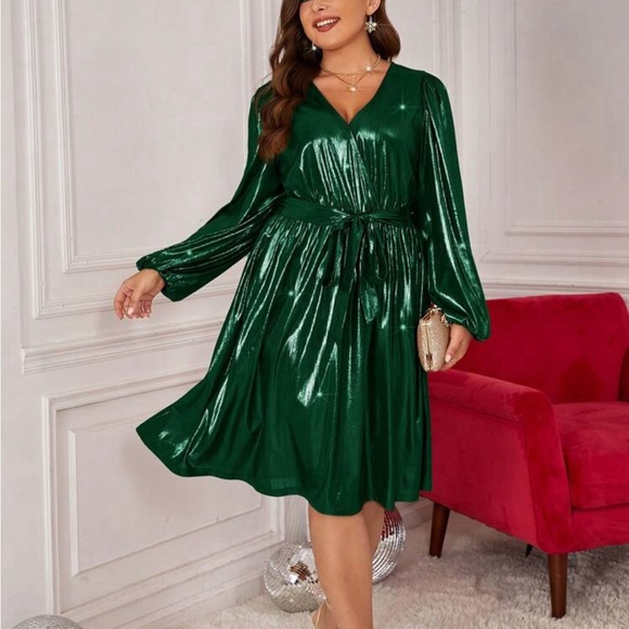 Classic Dark Green Satin Mini Dress Party Holiday Luxe - Picture 2 of 5